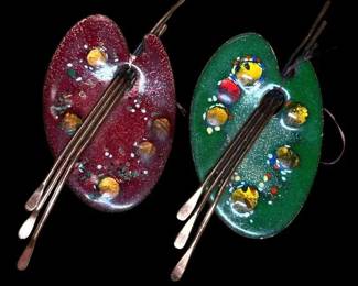 Two Matisse Renoir enamel on copper artists palette brooches