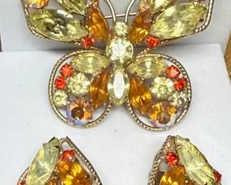Butterfly brooch and matching earrings orange  amber tones