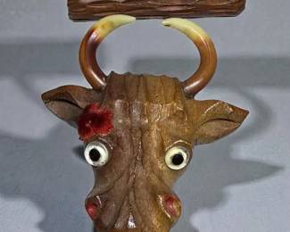 LONGHORN Steer Carved Wood Vintage Brooch