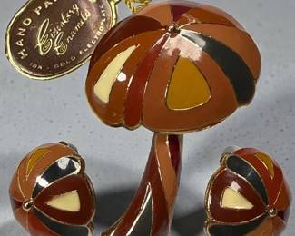 Eisenberg enamel mushroom brooch and matching clipon earrings