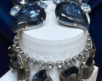 Sapphire blue marquise rhinestone link bracelet clipon earrings.