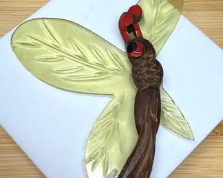 Wood Lucite Dragonfly Brooch