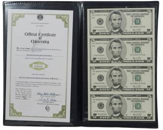 193 - Uncut Sheet of $5 Bills with Certificate