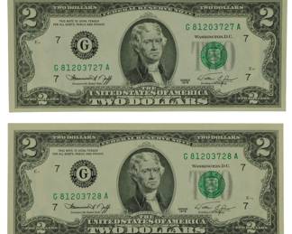 140 - 2 Consecutive 2 Dollar Bills