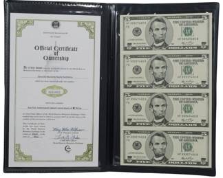 192 - Uncut Sheet of $5 Bills with Certificate