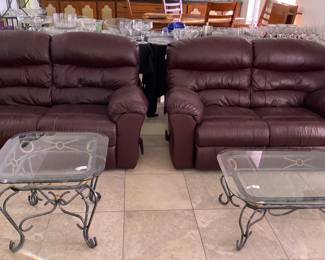 2 maroon reclining love seats-64x38 glass coffee table-25x50x15 & glass side table-25x25x21