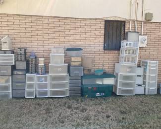 Large selection of plastic totes and bins
