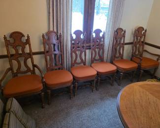 Mid-Century Drexel Dining table & 6 Jim Peed Drexel 1960s Spanish Style Pecan Wood Dining Chairs