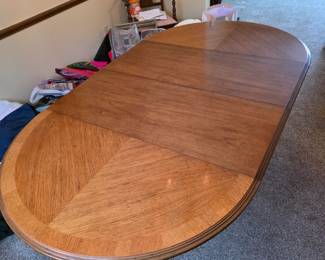 Mid-Century Drexel Dining table & 6 Jim Peed Drexel 1960s Spanish Style Pecan Wood Dining Chairs