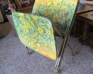 2 Vintage MCM Metal TV Trays - Floral Folding Leg Stands