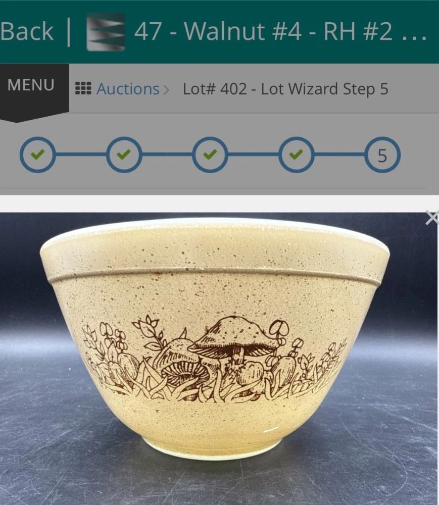 Mushroom PYREX mixing bowls. Forest Fancies. https://modestlambestatesales.hibid.com/ 