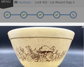 Mushroom PYREX mixing bowls. Forest Fancies. https://modestlambestatesales.hibid.com/ 