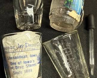 Antique Apothecary dosage / shot glasses. Herbal remedy. Advertising. George Jay Drug Co. Shenandoah. Iowa. https://modestlambestatesales.hibid.com/