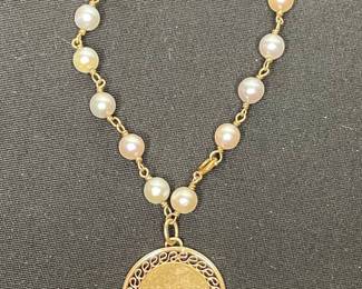 14k Gold Seed Pearl Bracelet with Engraved Disc Pendant