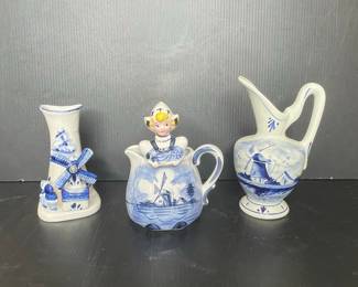 Delft Blue Ceramic Decorative Set: Windmill Vase, Dutch Girl Creamer, and Windmill Pitcher