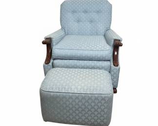 Light Blue Upholstered Armchair and Ottoman with Claw Feet