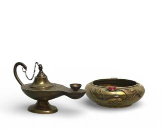 Brass Aladdin Lamp and Decorative Bowl Vintage