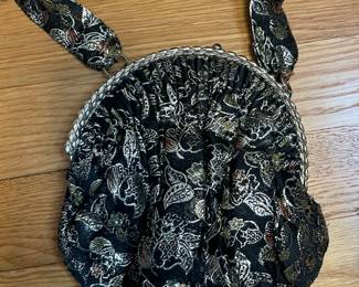 Vintage Black Brocade Evening Clutch with Metallic Floral Pattern