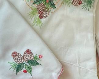 Embroidered Christmas Pinecone and Bell Napkins and Tablecloth