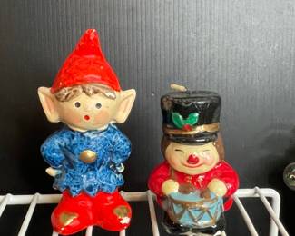 Vintage Christmas Figurines: Wooden Nativity Set and Ceramic Elf & Toy Soldier Candles