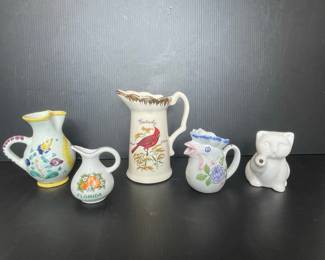 Assorted Ceramic Souvenir Pitchers and Cat Figurine