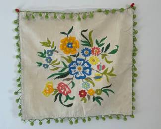 Vintage Floral Embroidered Pillow Cover with Pom-Pom Trim