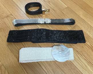 Assorted Fashion Belts: Black Beaded, Silver Sequined, White Mother-of-Pearl Buckle, and Embossed Leather