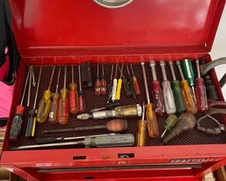 Vintage Craftsman Red Metal Toolbox with Assorted Screwdrivers