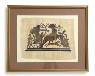 Hand-Painted Egyptian Papyrus Painting of a Chariot Hunting Scene