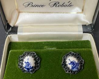 Delft Windmill Brooch and Earrings Set