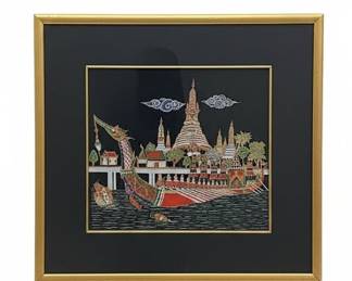 Thai Silk Painting of Wat Arun and Suphannahong Boat