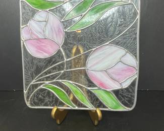 Stained Glass Panel with Pink Tulips and Green Leaves