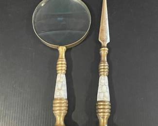 Vintage Brass and Mother of Pearl Magnifying Glass and Letter Opener Set