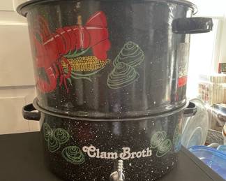Vintage Speckled Enamel Double Steam Pot with Lobster, Corn, and Clam Broth Decoration