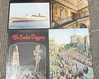 Collection of British Landmark and Cunard Line Brochures: Queen Elizabeth 2, Kensington Palace, Windsor Castle, and The London Dungeon