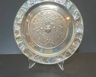Vintage Alpaca Silver Aztec Calendar Plate with Abalone Inlay
