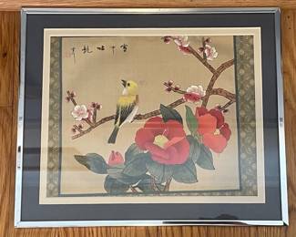 Vintage Chinese Painting on Silk: Bird and Camellia Blossoms