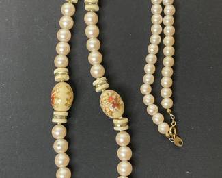 Vintage Faux Pearl Necklace with Hand-Painted Floral Ceramic Beads