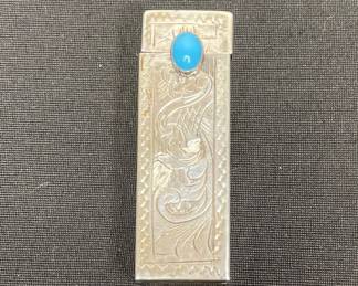 Engraved 800 Silver Lipstick Holder with Turquoise Cabochon