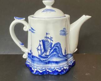 Vtg Blue and White Porcelain Teapot with Ship Motif
