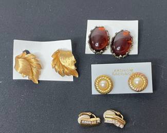 Assorted Vintage Earrings: Amber Cabochon, Gold-Tone Leaf, Pearl Button, and Rhinestone Accents