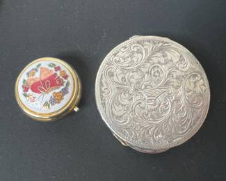 Vintage Enameled Butterfly Pill Box and Ornate Etched 800 Silver Compact