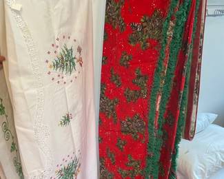 Vintage Christmas Tablecloth with Embroidered Trees and Red Pine Branch Table Runner