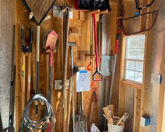Assorted Yard and Garden Tools with Shed Organization Items
