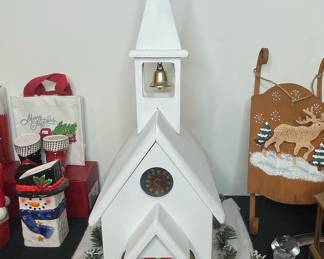 White Christmas Village Church with Bell and Cross
