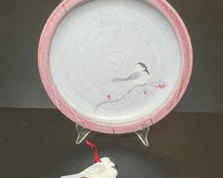 Hand-Painted Ceramic Plate with Bird and Cherry Blossom Motif and Matching Ornament