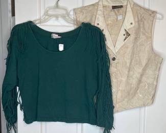 Vintage Western Style Brocade Vest and Green Fringe Long-Sleeve Top