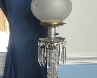 Vintage Crystal Table Lamp with Frosted Etched Glass Shade and Prism Drops