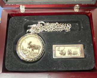 Engraved Pocket Watch and Money Clip Set with Animal Scene