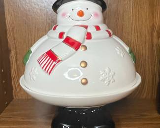 Ceramic Snowman Cookie Jar with Holly Hat and Red Scarf